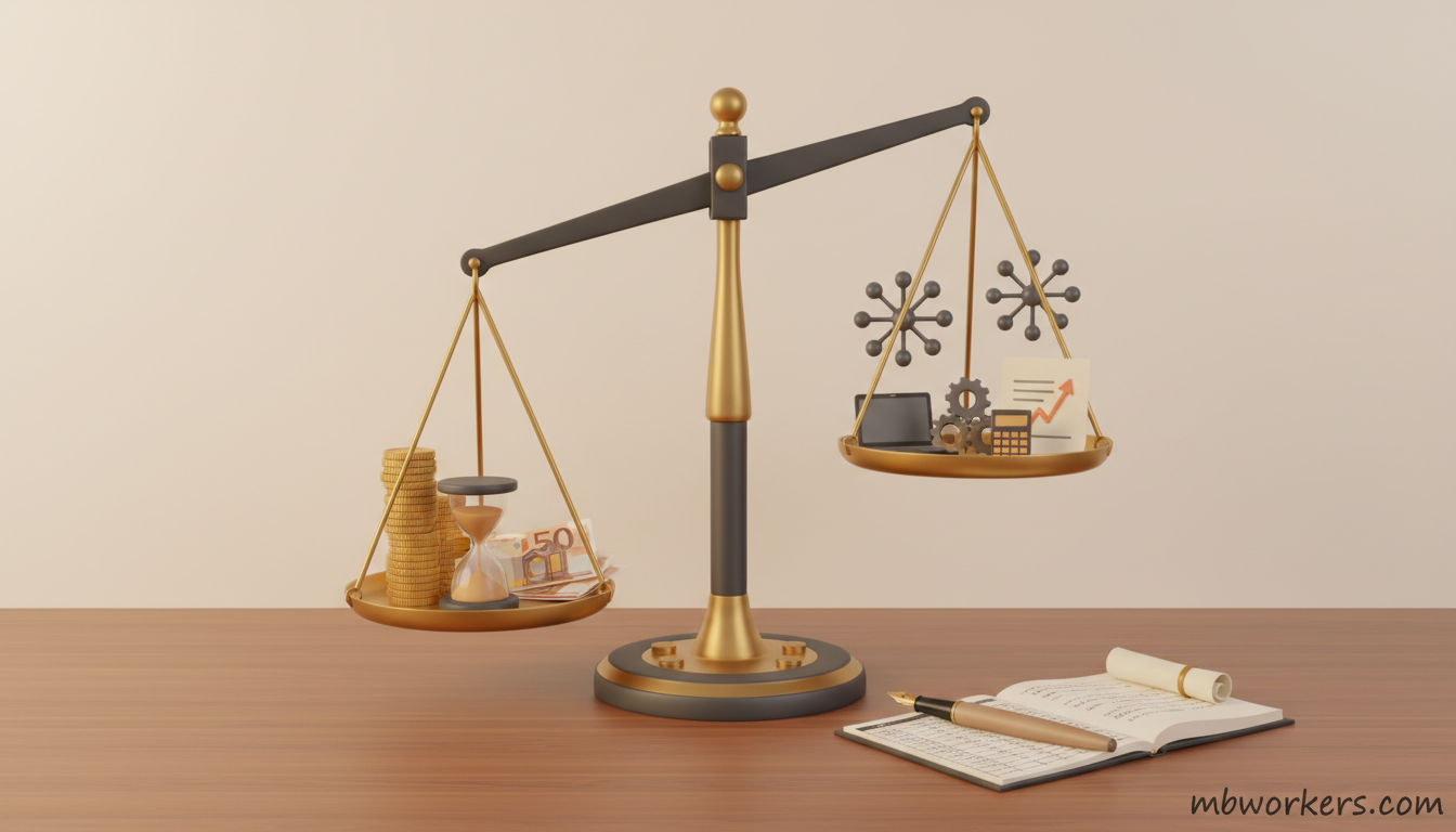 Weegschaal met euro's en AI-tools toont de ROI-afweging van kunstmatige intelligentie voor het MKB