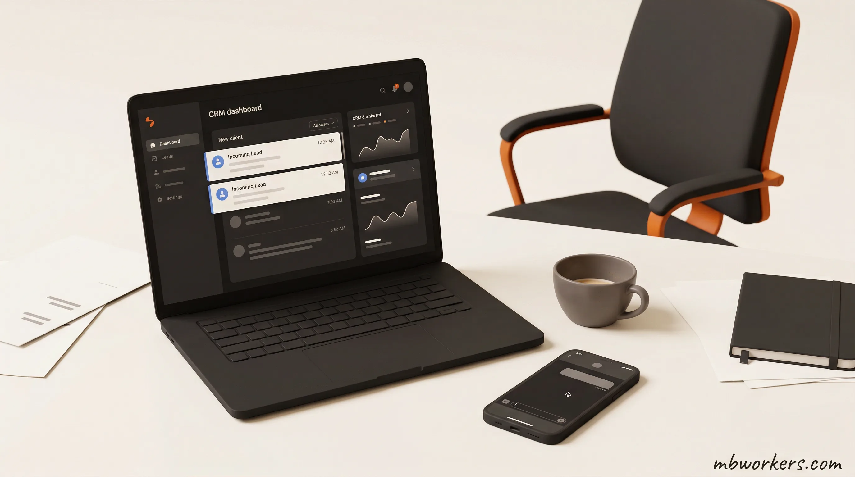 AI klantopvolging automatiseren: laptop met CRM-meldingen en smartphone op werktafel