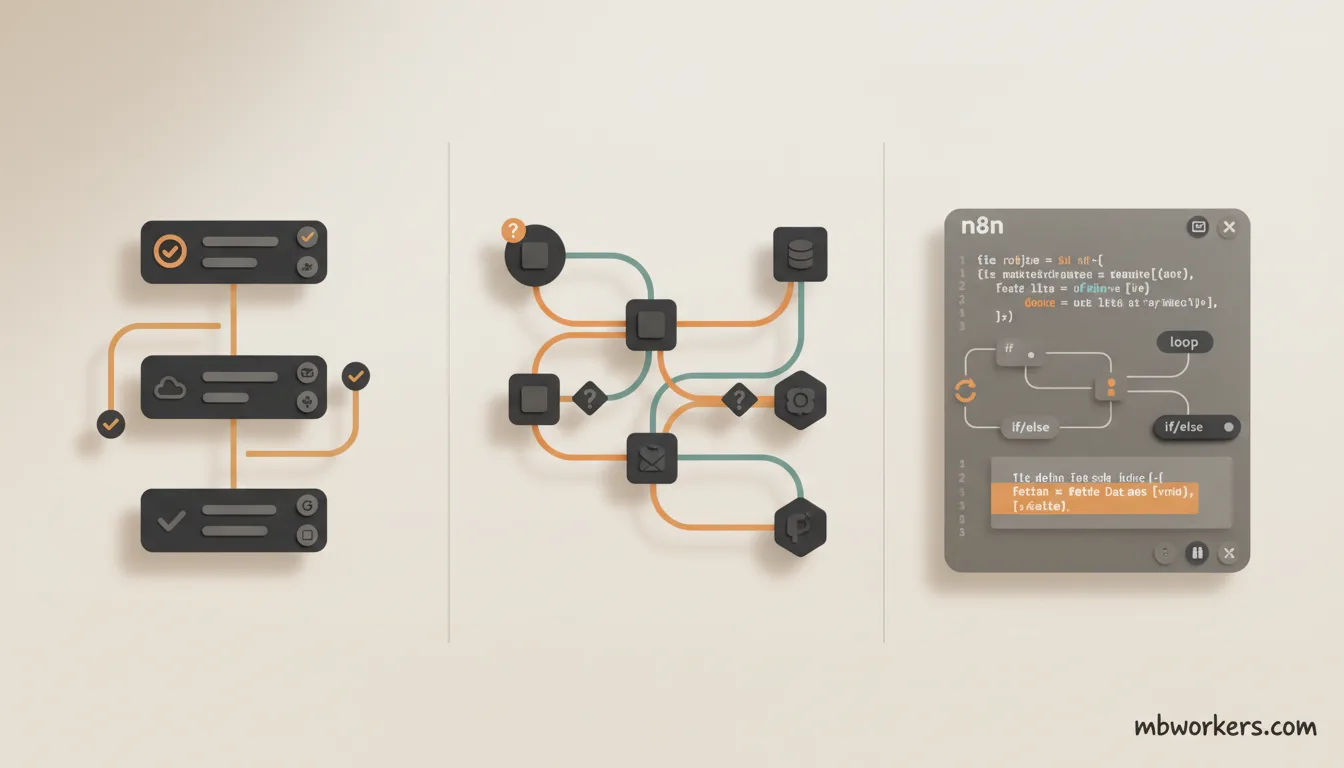 Visuele vergelijking van interfaces: Zapier plug-and-play, Make scenario's en n8n open-source workflows